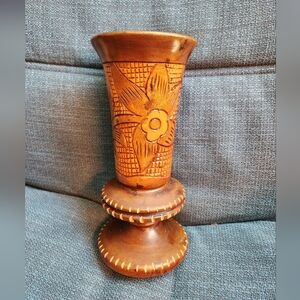 Vintage Wooden Hand Carved Vase with Floral Design 9.5" Tall